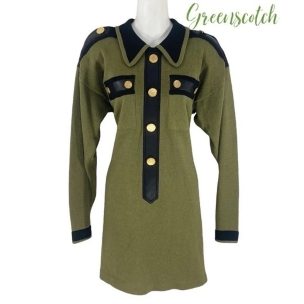 Vintage Cache green black knit military influenced dress Medium M W3 - Picture 1 of 12